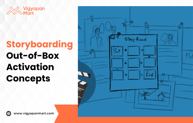 Illustrated storyboard with labeled frames depicting a creative process. Text reads 'Storyboarding Out-of-Box Activation Concepts.' Includes a film clapperboard icon, suggesting a cinematic theme. Tone is innovative and creative.