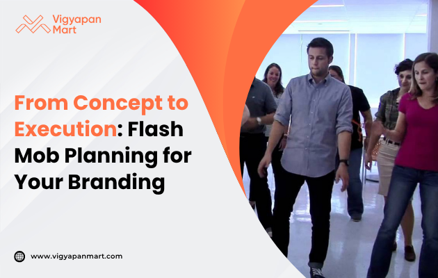 A group of people casually walking in a bright room, suggesting teamwork and planning. The text reads, "From Concept to Execution: Flash Mob Planning for Your Branding."