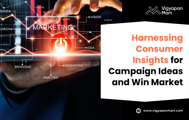 Hands holding a glowing power symbol surrounded by digital marketing keywords like "Branding," "Analysis," and "Innovative." Text reads "Harnessing Consumer Insights for Campaign Ideas and Win Market," with the Vigyapan Mart logo.
