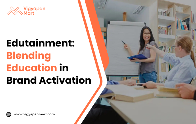 A woman presents on a flipchart to two seated individuals in a library. The text reads “Edutainment: Blending Education in Brand Activation.” The setting is professional and educational.