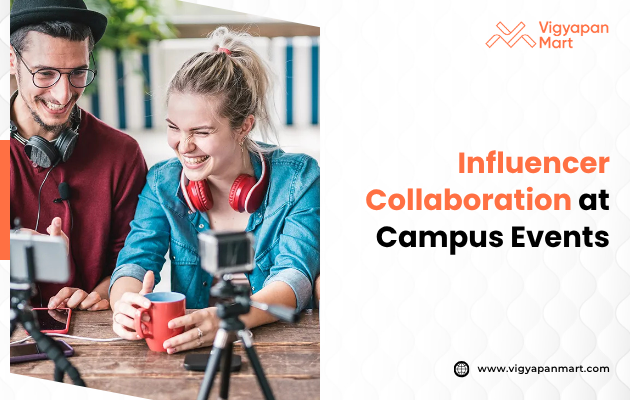 Two people sit laughing with recording equipment and microphones at a table, suggesting a vibrant atmosphere. Text reads "Influencer Collaboration at Campus Events."