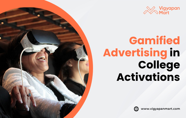 Two people are joyfully using virtual reality headsets. The text reads "Gamified Advertising in College Activations" beside the Vigyapan Mart logo.