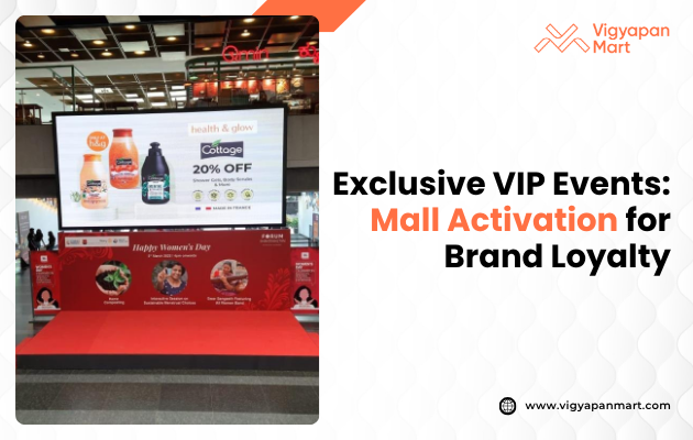 Mall activation event display featuring health and beauty products with a 20% off offer. Red carpet and signage for International Women's Day.