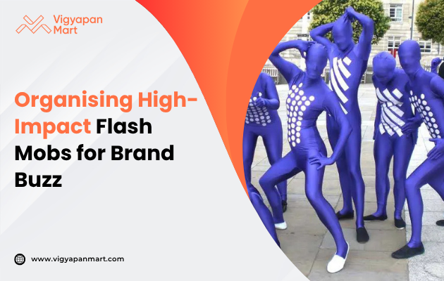 A group of people in blue morph suits with white patterns pose energetically on a plaza. Text reads "Organising High-Impact Flash Mobs for Brand Buzz."