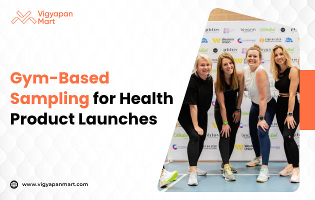 Four smiling women in activewear pose in front of a health product backdrop. Text reads "Gym-Based Sampling for Health Product Launches." Energetic and lively mood.