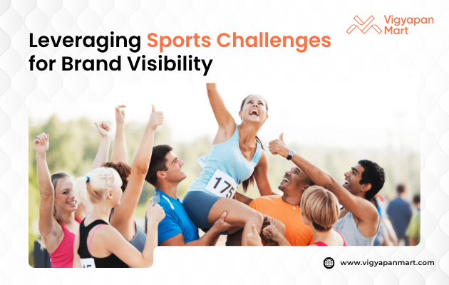 Group of diverse and joyful people celebrating, lifting a woman wearing a race number. Text reads "Leveraging Sports Challenges for Brand Visibility."