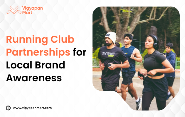 A group of diverse joggers runs outdoors, appearing focused and energetic. Text reads "Running Club Partnerships for Local Brand Awareness."
