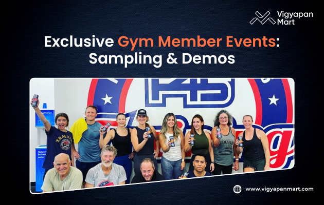 Group of diverse gym members smiling and holding drinks, standing in front of gym logo. Text reads "Exclusive Gym Member Events: Sampling & Demos." Energetic and inviting tone.