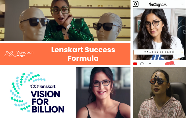 Collage showing a woman in glasses and a green jacket gesturing, an Instagram post with a different woman in glasses, a "Vision for Billion" logo, and an eye exam.