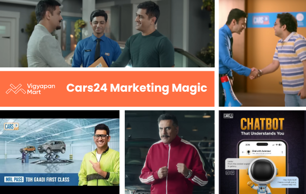Collage showcasing Cars24 ads. Includes smiling people, car service scenes, and the tagline "Cars24 Marketing Magic" on an orange banner. Energetic tone.