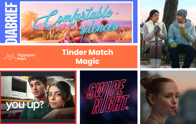 Collage of Tinder-themed graphics: A dreamy "Comfortable Silences" landscape, a duo chatting on a bench, and bold "Swipe Night" neon text, conveying connectivity.