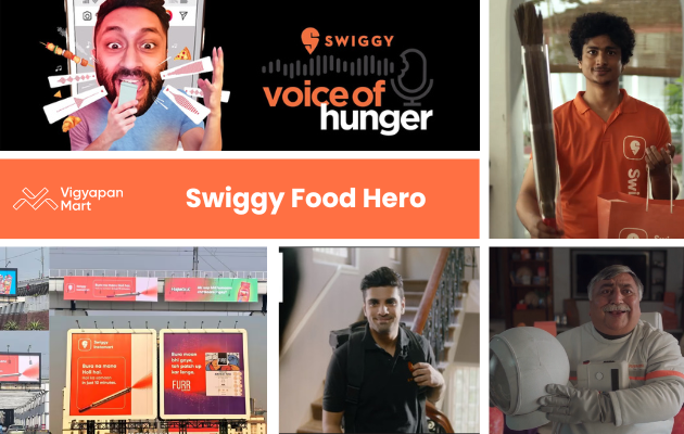 Collage featuring "Swiggy" branding, a joyful man with food illustrations, delivery personnel, billboards, and a happy man in a spacesuit. Vibrant and energetic.