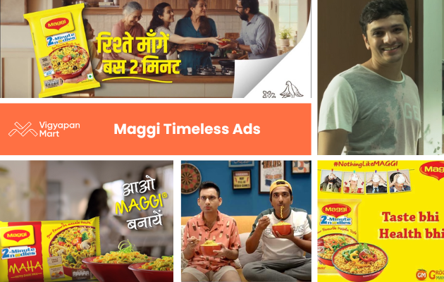 Collage of Maggi ads featuring a family cooking, young men eating noodles, and various Maggi products with captions highlighting taste and quick preparation.