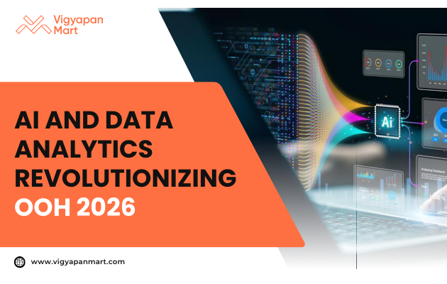 Abstract image with AI and data analytics icons on colorful graphs next to text: 'AI and Data Analytics Revolutionizing OOH 2026' on an orange background.
