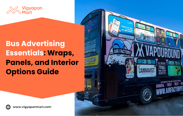 Bus wrapped in colorful ads at night with a focus on diverse advertising panels. Text overlay promotes a guide on bus advertising options. Energetic tone.