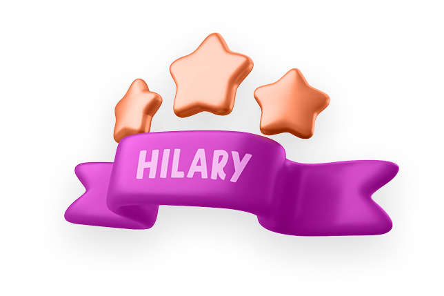 Three orange stars above a purple ribbon with the name Hilary written in light purple.