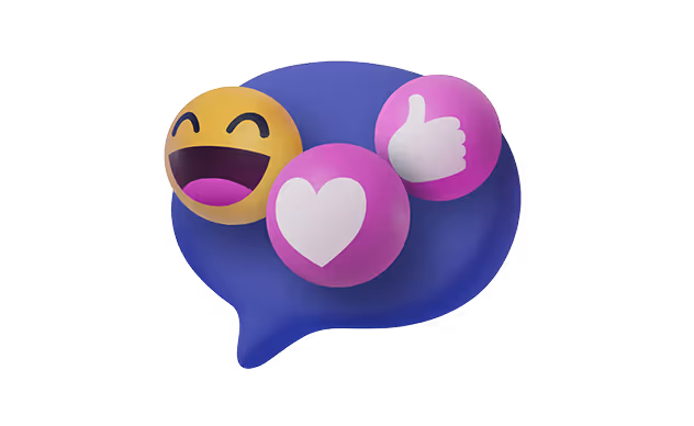 Blue speech bubble with floating laughing face emoji, heart icon, and thumbs-up symbol.
