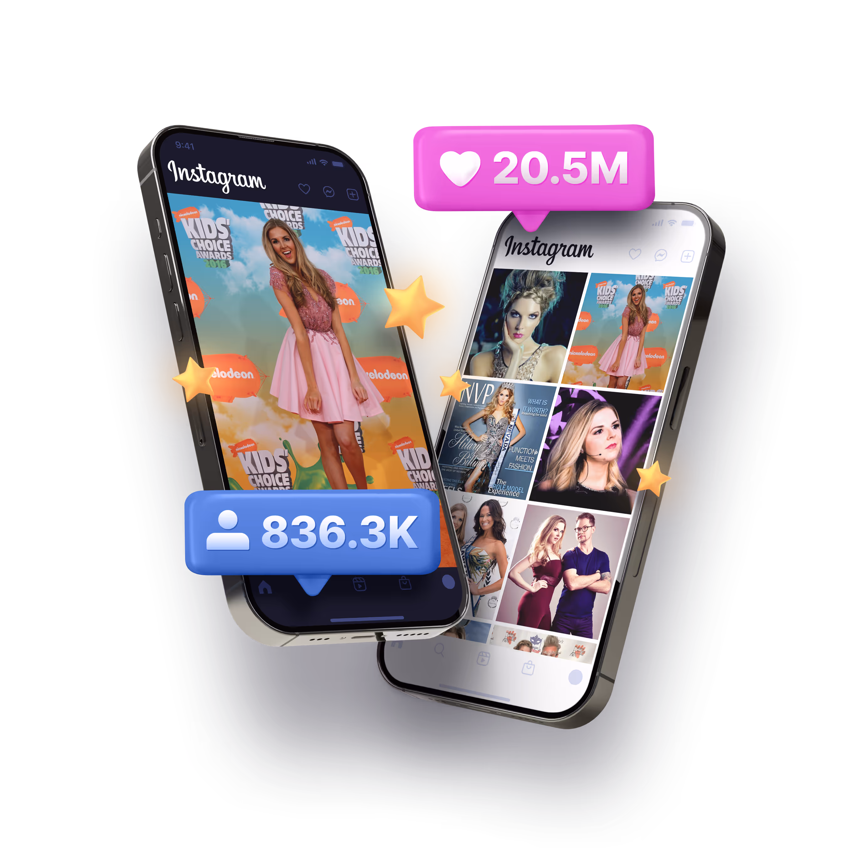 Two smartphones showing Instagram profiles and photos with overlay icons displaying 20.5 million likes and 836.3 thousand followers.