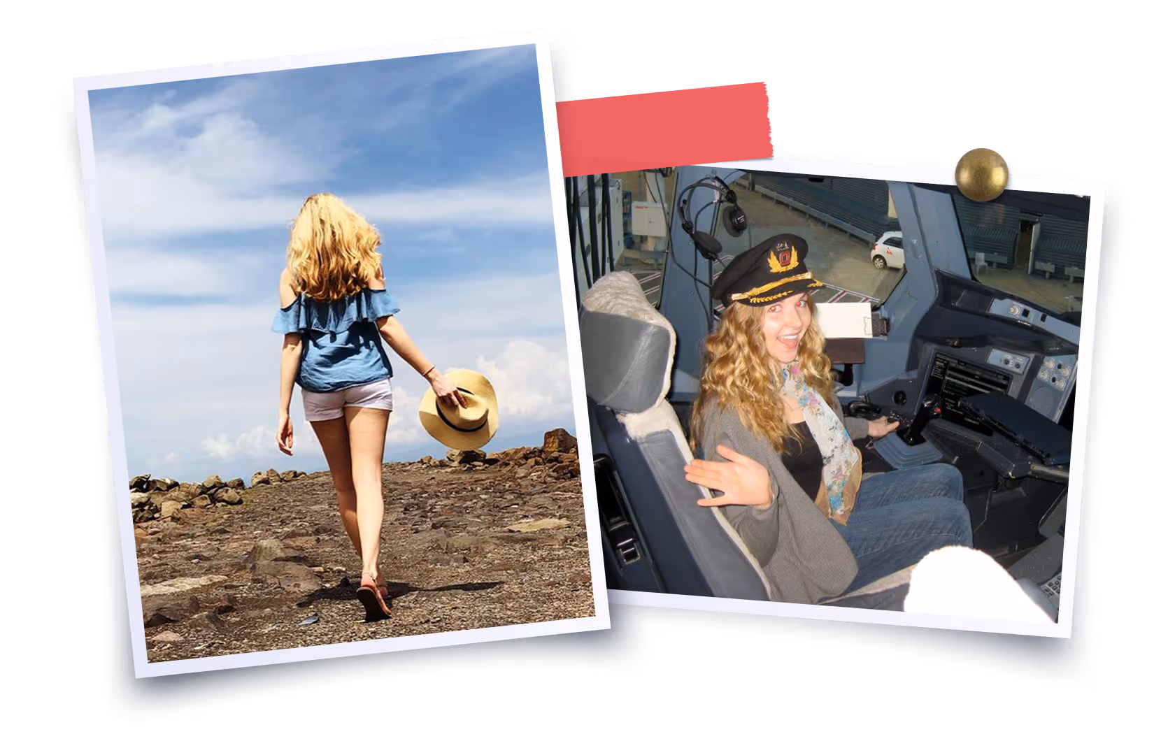 Two photos: one shows a woman walking on rocky terrain holding a sunhat, the other shows a woman smiling in an airplane cockpit wearing a pilot's hat.