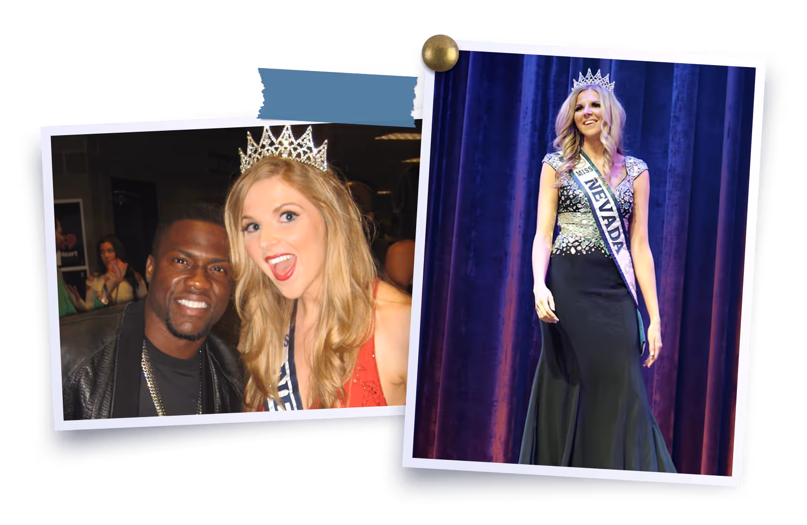 Two photos featuring a blonde woman wearing a crown and sash labeled 'Nevada'; one shows her smiling next to a man, the other shows her walking on stage in a black gown.