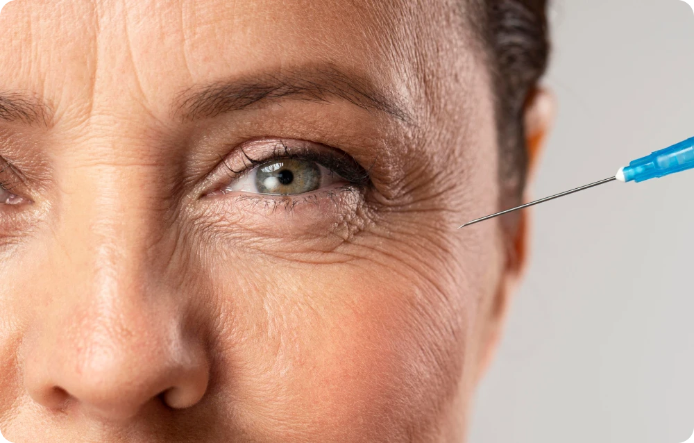 Close-up of a woman receiving a Botox injection in the crow's feet area to reduce wrinkles.