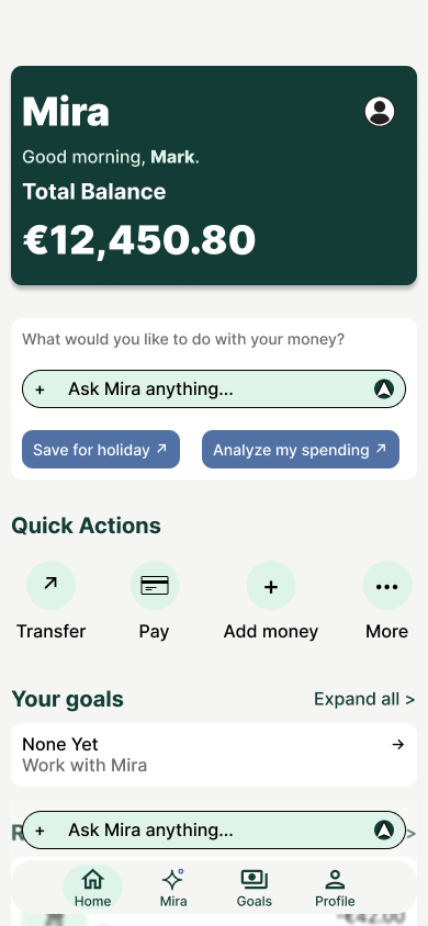 Mira mobile banking home screen showing balance, conversational AI, and savings prompts