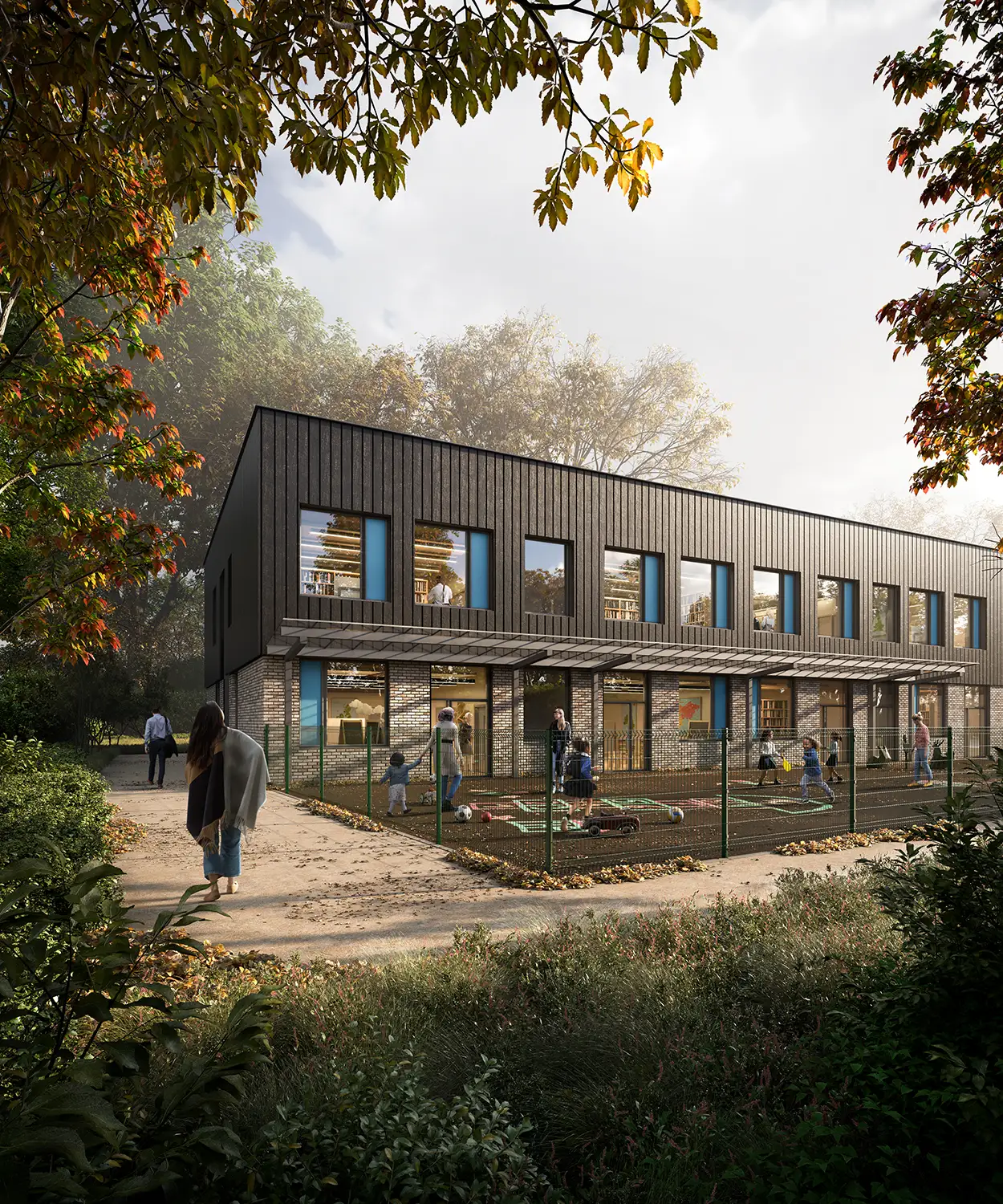 External rendering of school's building with playground surrounded by trees.