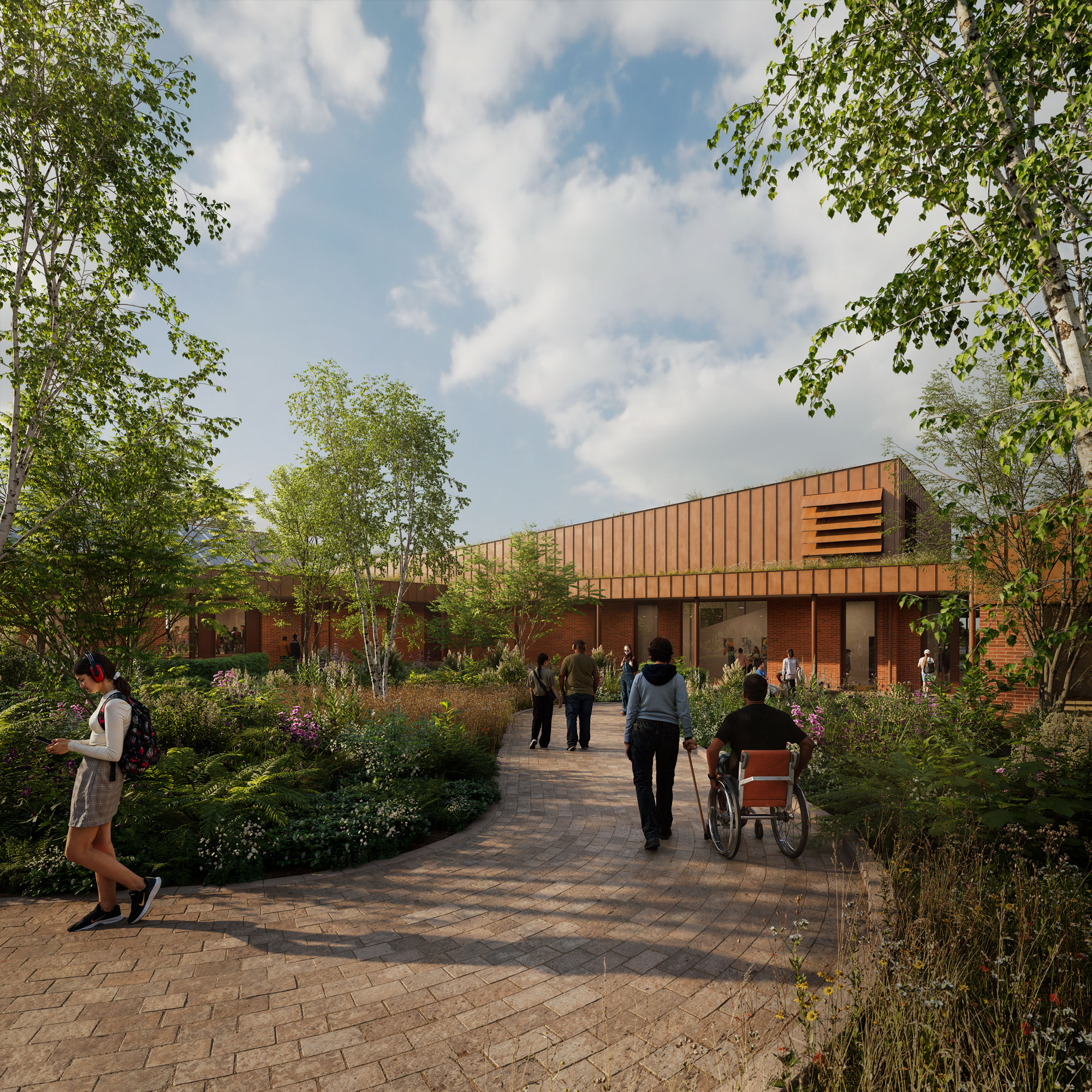View of the planned courtyard at the Orpheus Centre, facing the entrance into the new theatre block. The courtyard is enhanced by biodiverse foliage and patterned paving.