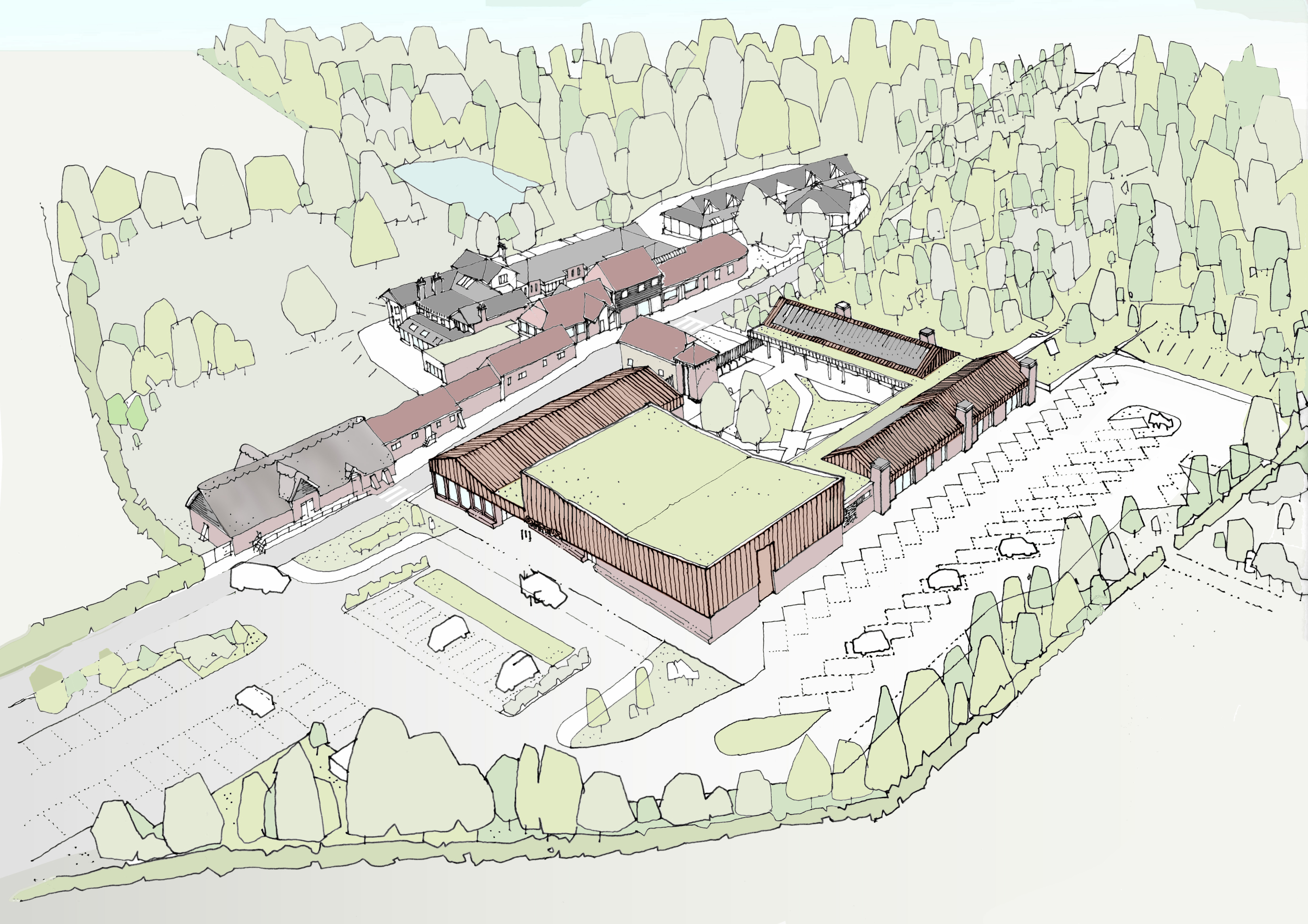Axononmetric drawing of the new scheme. The existing site can be seen to the back of the image, with the new education campus is in the foreground with a seedum roof.