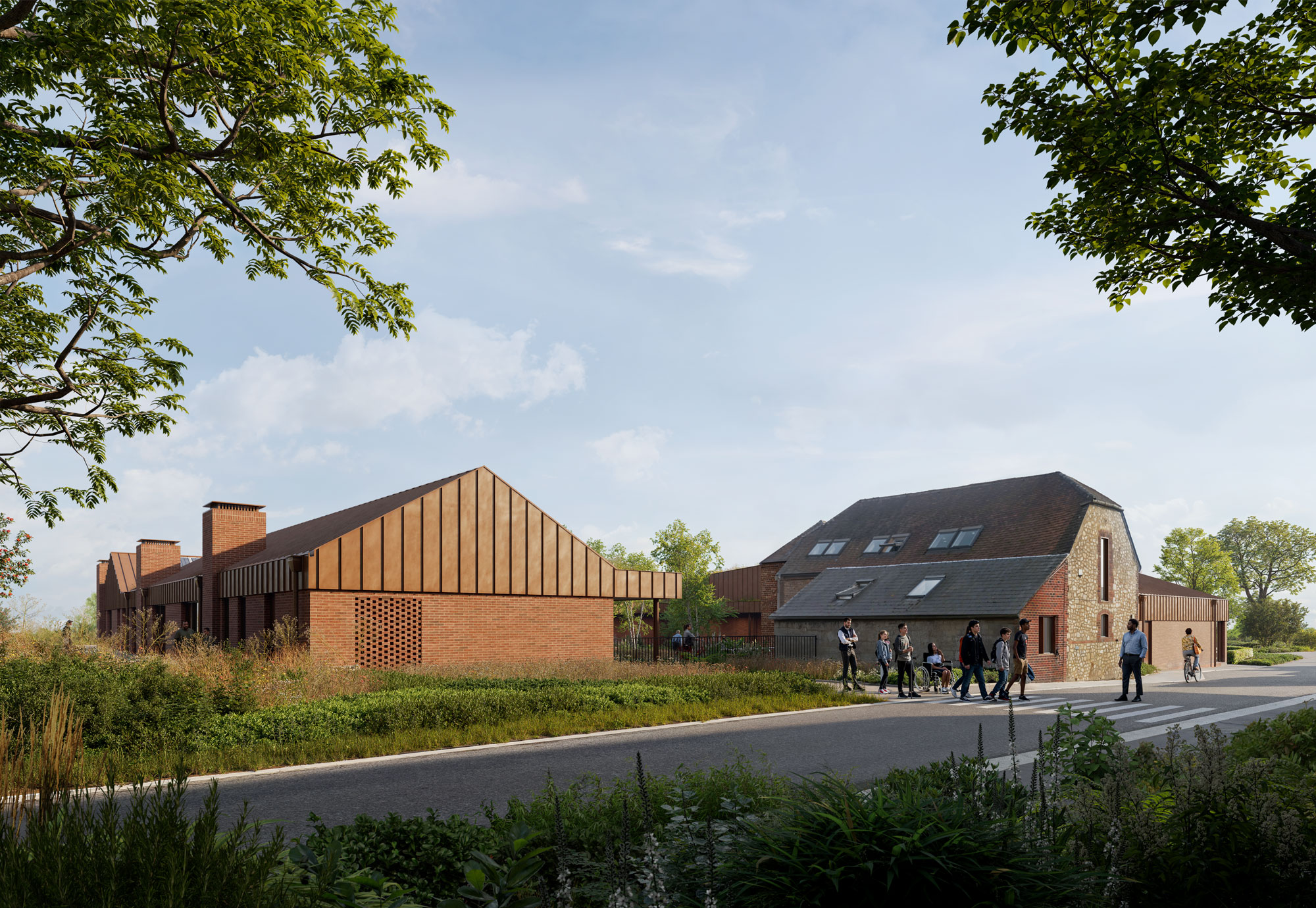 View of the side of the classroom blocks, adjacent to the existing Squire Barn. Demonstrating how the new classroom block emulates the local vernacular.
