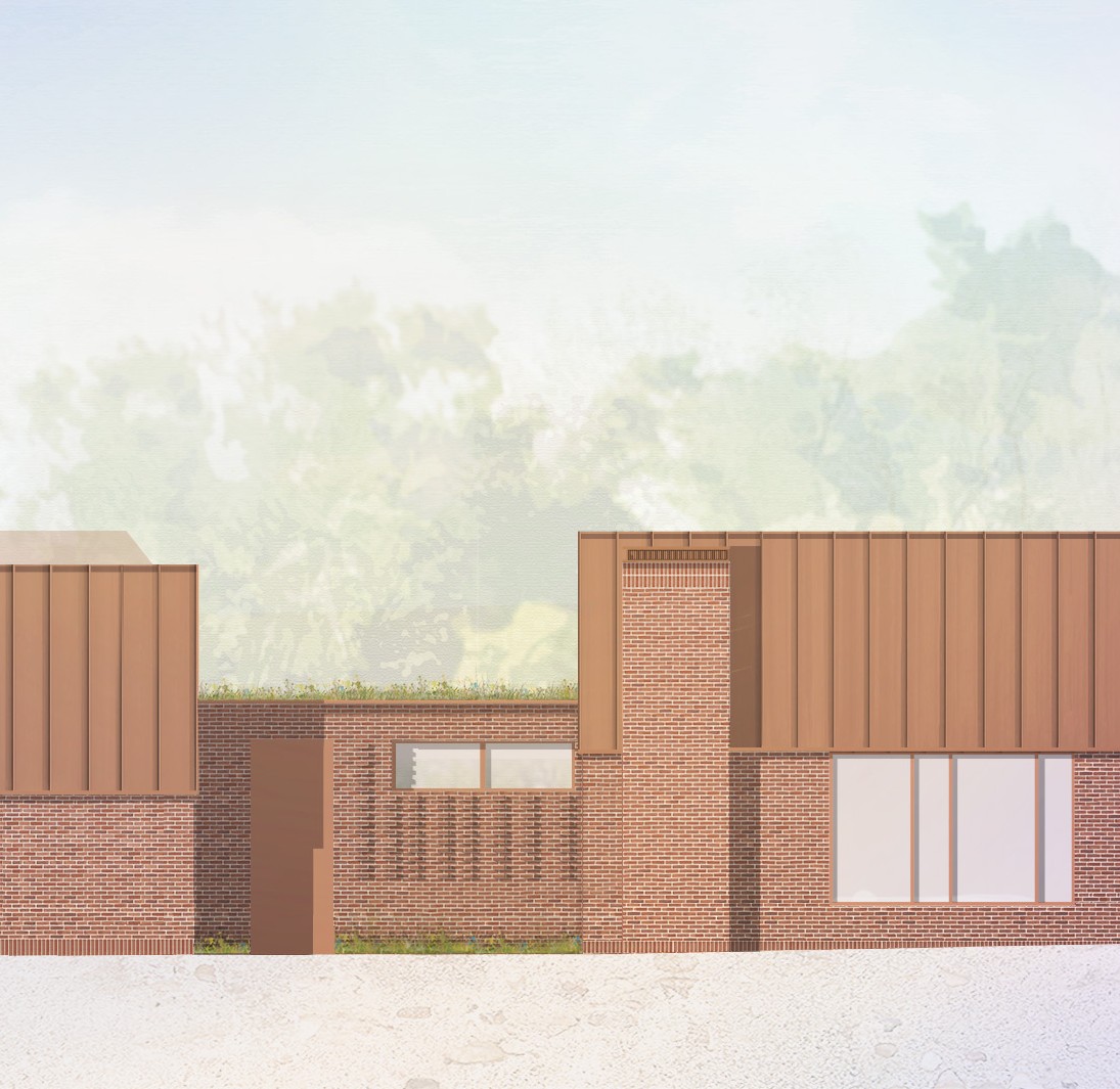Section of the strip elevation. The second storey and pitched roof is clad in copper. The ground floor is clad in a rustic brick to articulate it’s relationship with the local venacular.