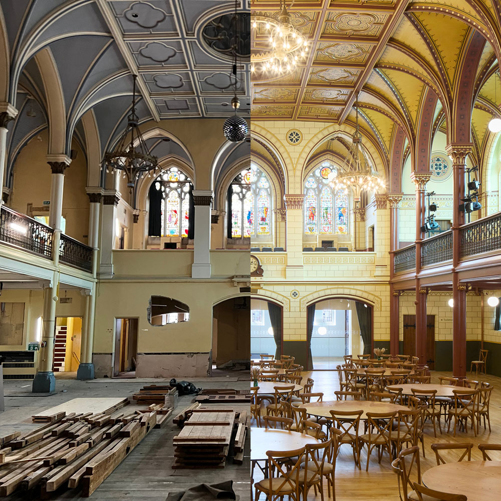 A spliced before/after image of the connaught hall. On the left, the before shows the desolate room before
redecoration and repainting of Burgess’ original design across the ceiling and arches.