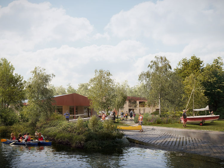 A visualisation of the scheme from the water. Canoes can be seen on the shoreline in the foreground with the Safety Zone and Operations Zone in the background.