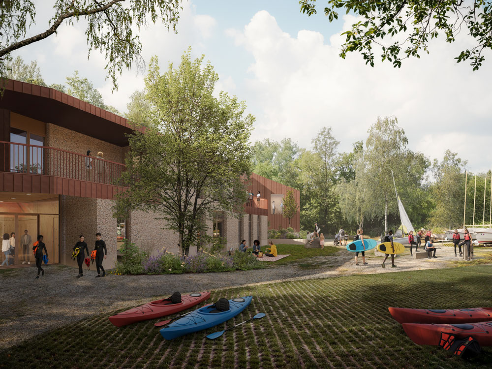 A visualisation of the Safety Zone. The building is to the left with canoes in front of it. To the right the landscape scheme is clear, with sailing boats approaching the shore. 