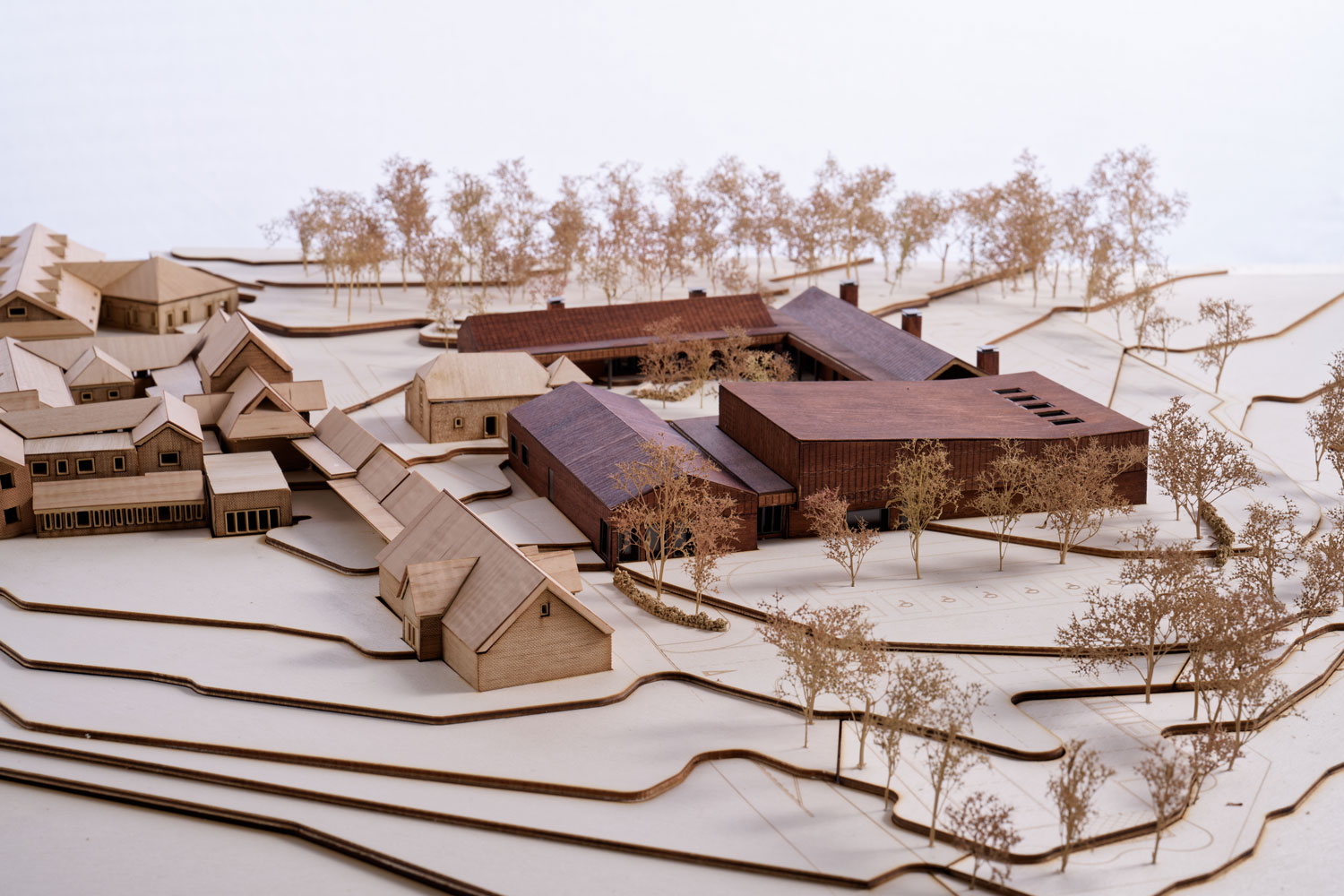 A perspective view of the model, facing north. From this angle, more of the materiality can be seen, engraved into the wooden model. The facades of the building take inspiration from the local vernacular with the ground floor clad in brickwork and the first floor and pitched roofs clad in corten steel.