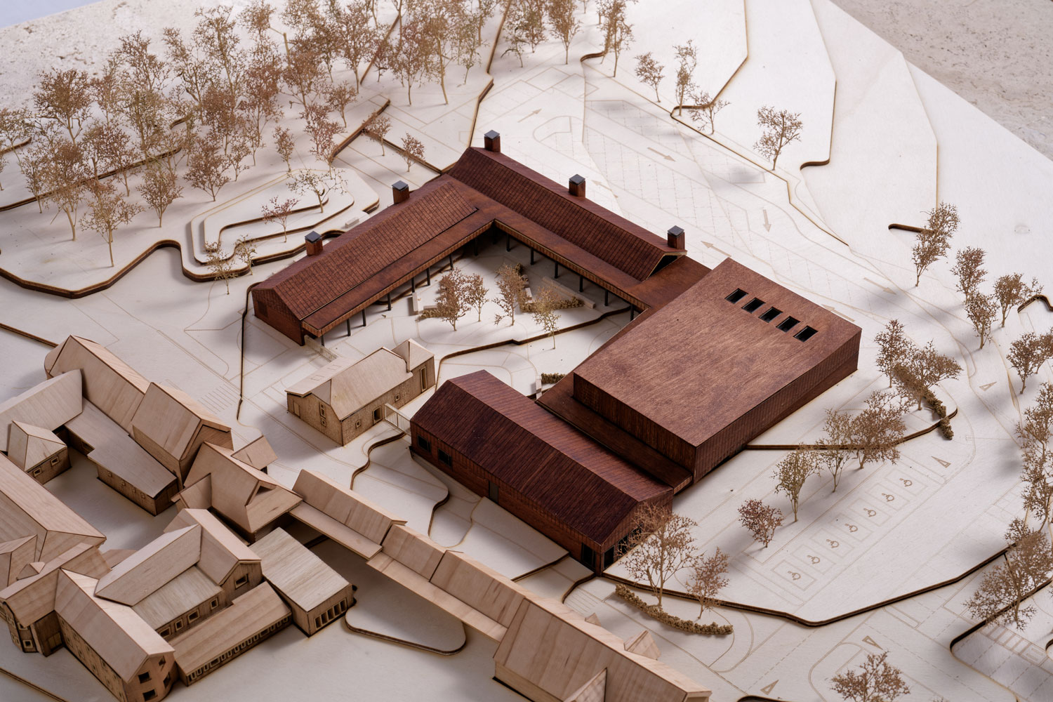 A birds eye view of the new Education Centre, framed around the landscaped courtyard.