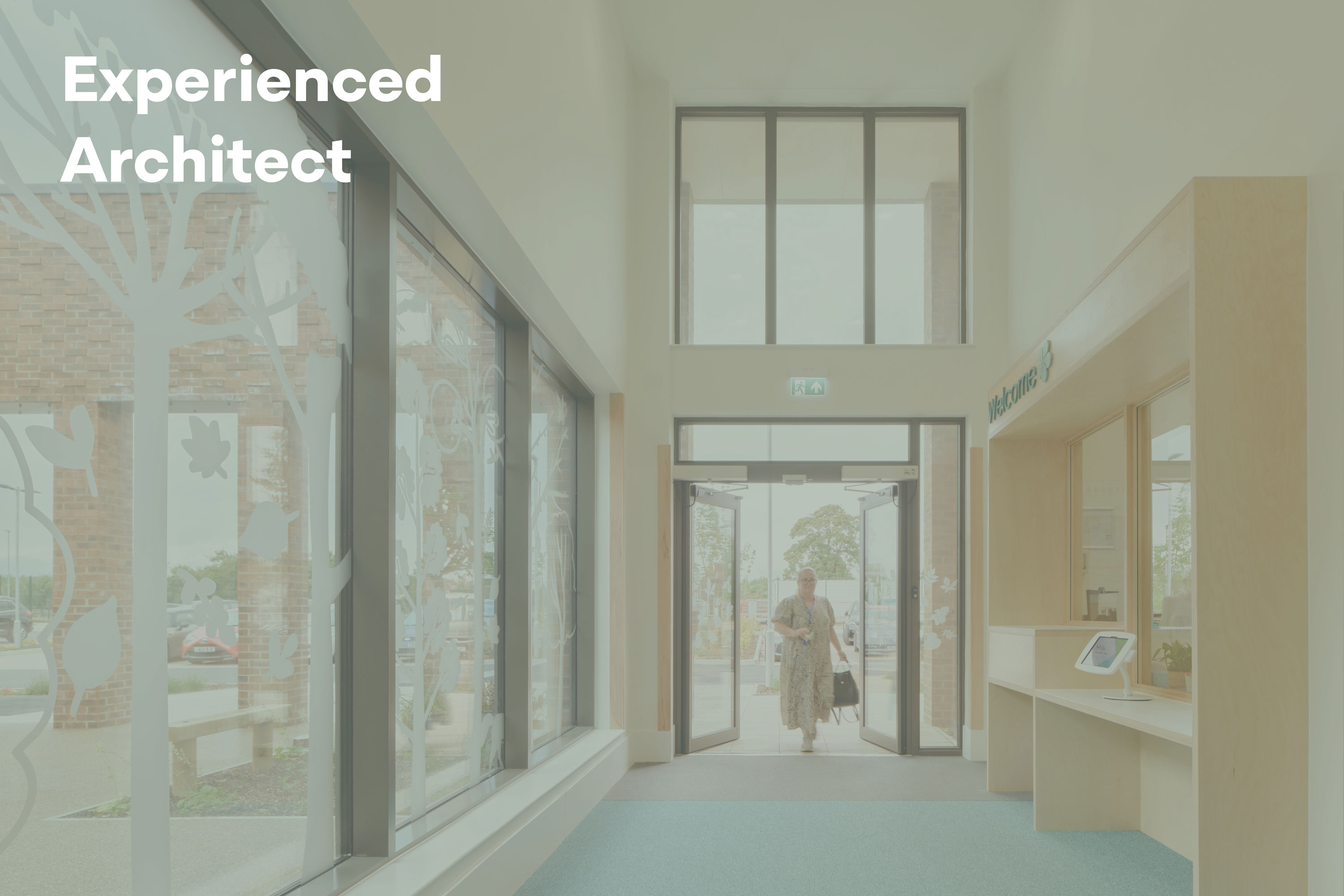 A photo of the façade of the reception at Hawthorns School, with an overlay of text reading 'Experienced Architect' .
