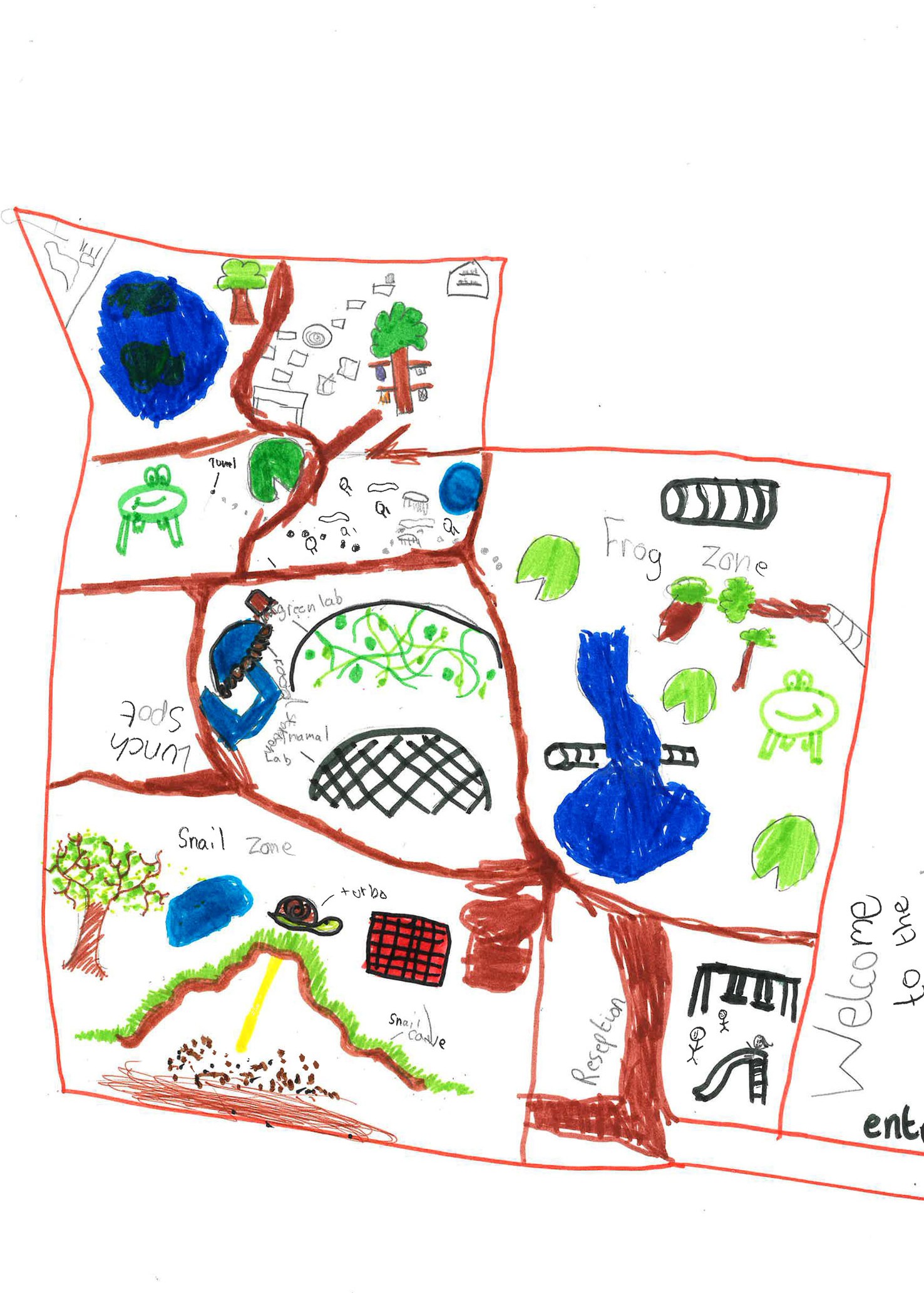 Image of student’s map, with large water-based habitats and horticultural spaces.