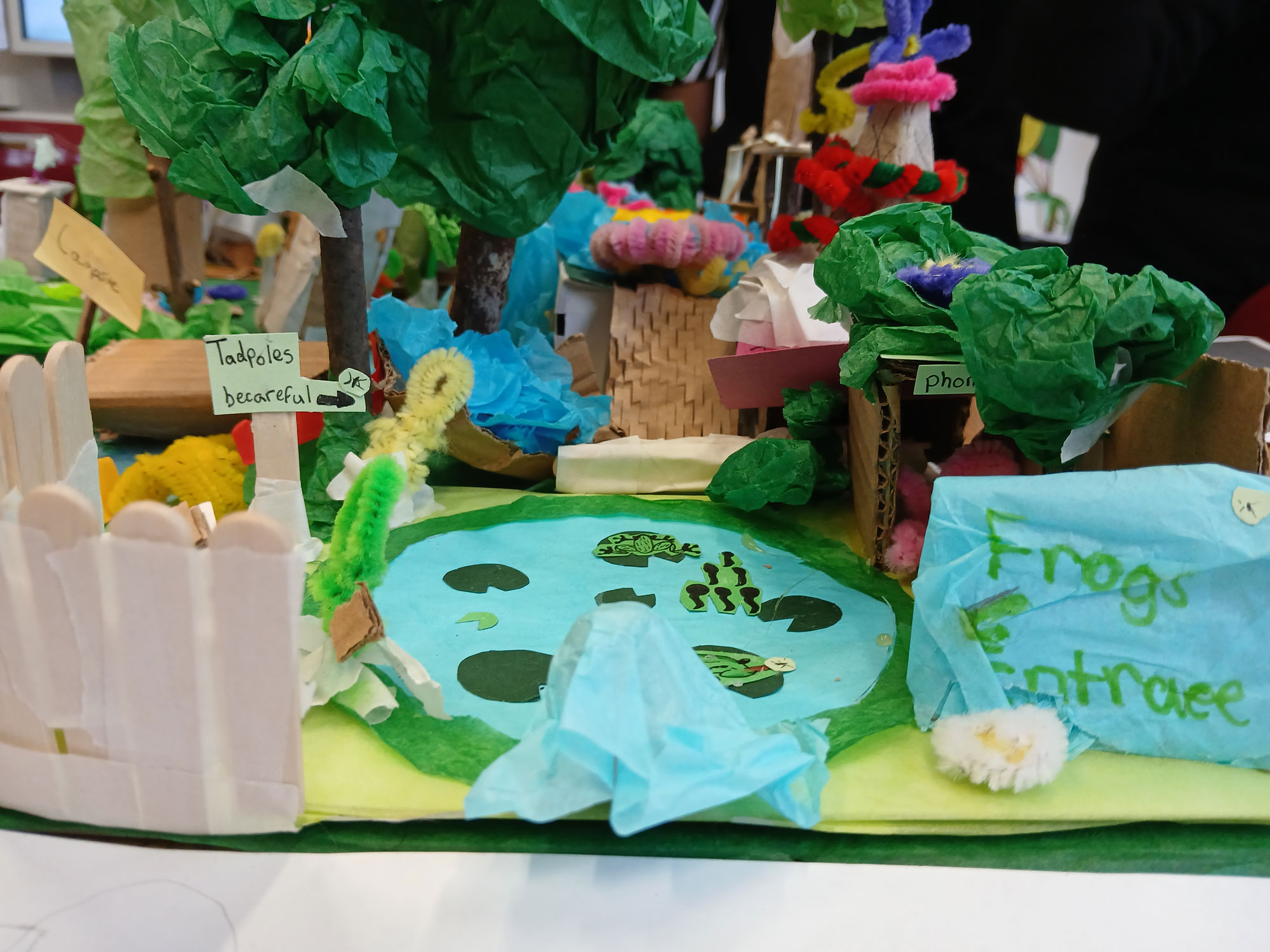 A detail shot of a pond within the model, hosting lilypad habitats for frogs