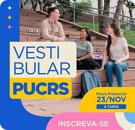 Anúncio do Vestibular PUCRS com três estudantes conversando em escadaria ao ar livre, acompanhado do texto 'Vestibular PUCRS', 'Prova Presencial 23/nov à tarde' e botão rosa 'Inscreva-se'.