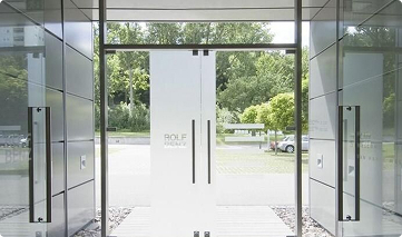 Glass building entrance.