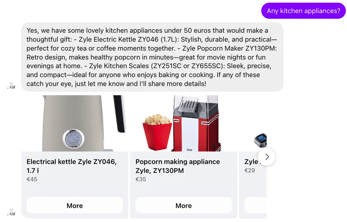 Parnidia AI chatbot on Messenger recommends kitchen appliances