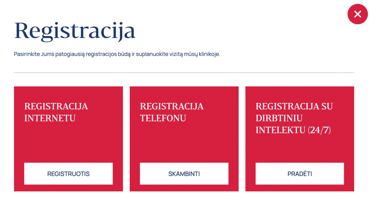 Trys registracijos būdai klinikos svetainėje, tarp jų registracija su dirbtiniu intelektu