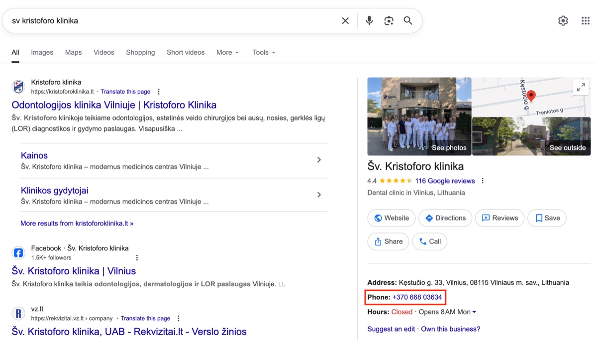 Klinikos Google Business profilis paieškoje