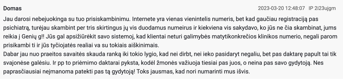 Kitos klinikos paciento atsiliepimas Rekvizituose apie registraciją telefonu