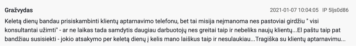 Kitos klinikos paciento atsiliepimas Rekvizituose apie klientų aptarnavimą telefonu