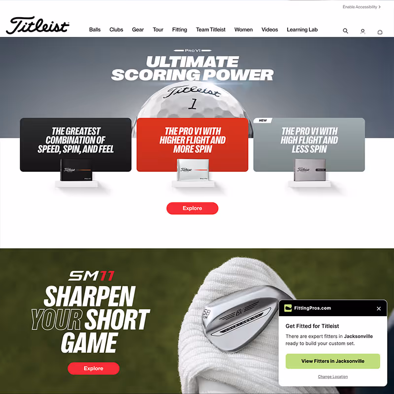 FittingPros Chrome extension shows up in the bottom right of golf manufacturer pages like here on titleist.com
