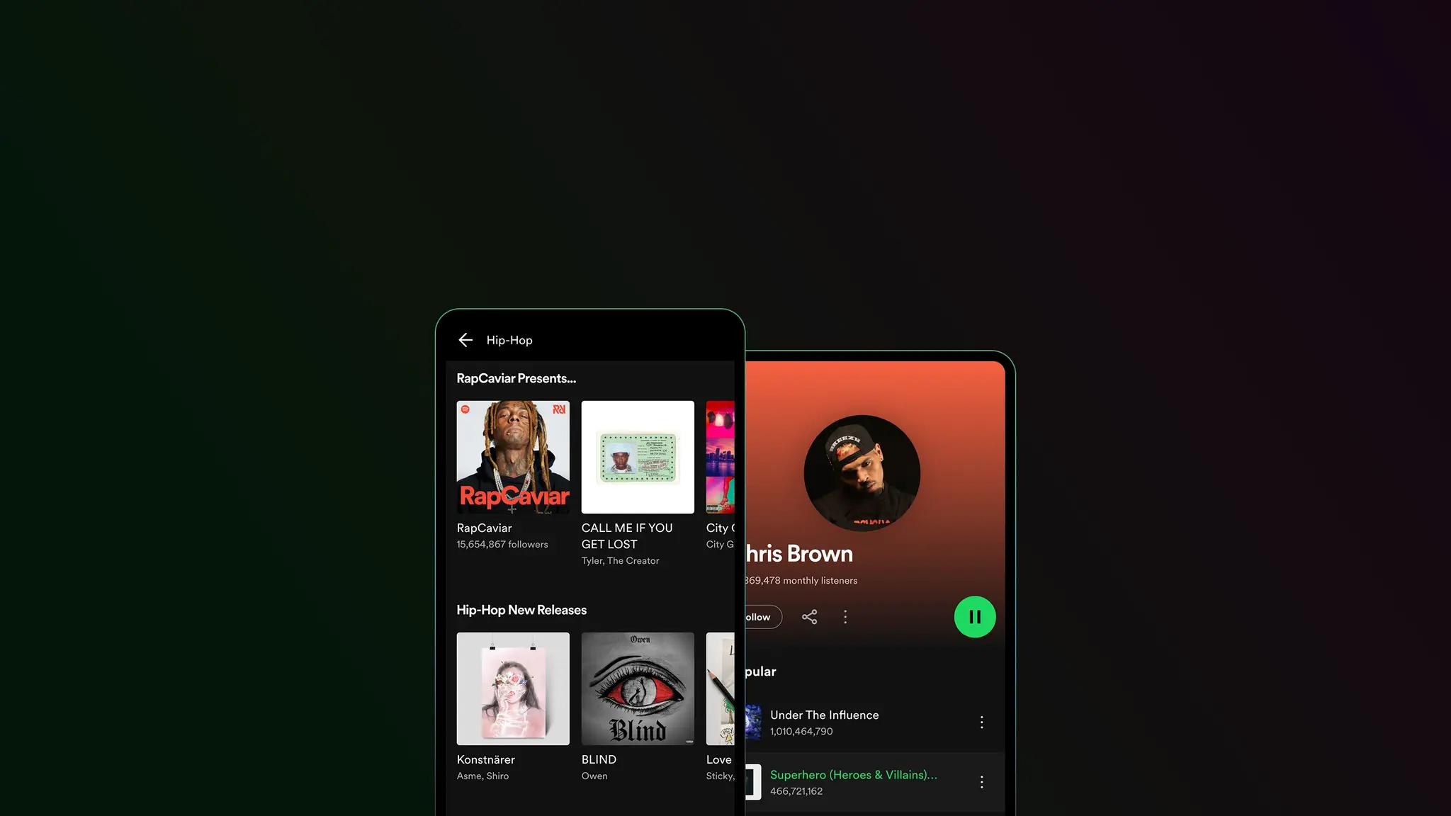 Spotify app screens showing Hip-Hop playlists and Chris Brown artist profile with play button active.