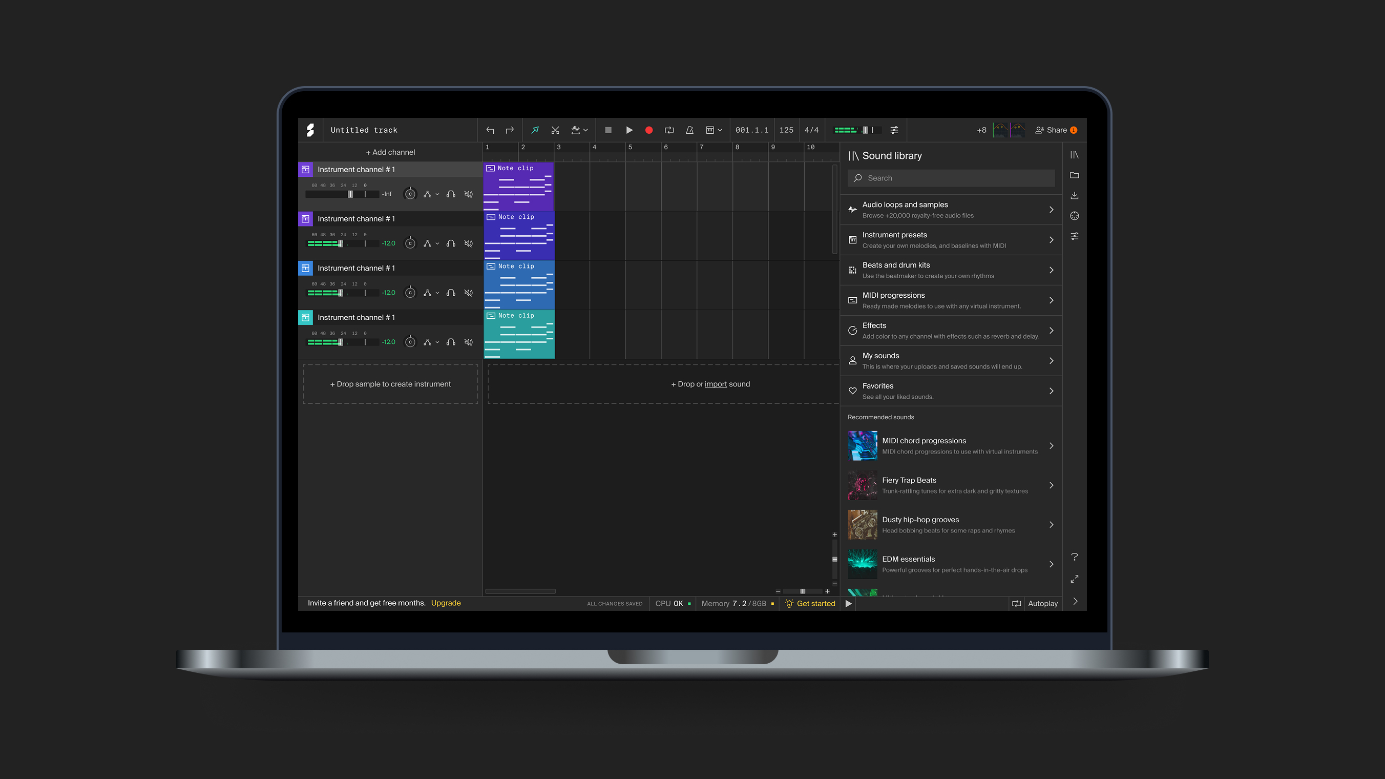 Laptop displaying Soundation's digital audio workstation software with multiple instrument channels and sound library panel on dark background.