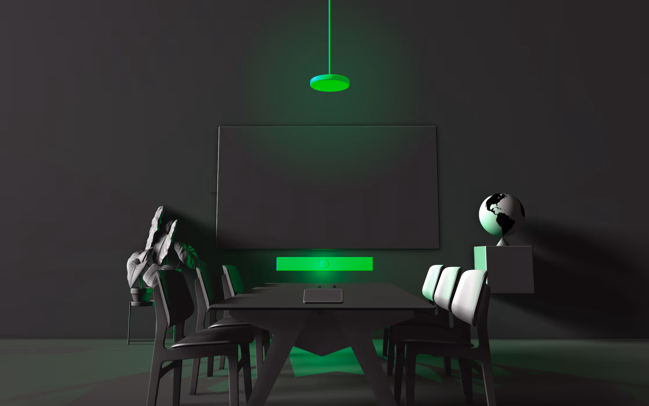 Modern conference room with a long table, black chairs, a large blank screen, a globe on a pedestal, and green ambient lighting.